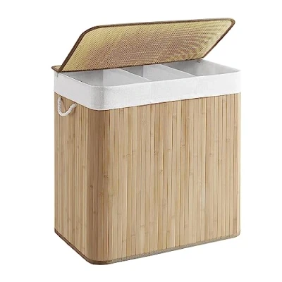 Afbeelding van CALICOSY Wasmand van bamboe met 3 compartimenten, deksel en handvatten, 150L L60 x H61,5 cm