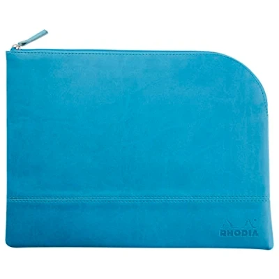 Afbeelding van RHODIA 116736C tas met ritssluiting van kunstleer turquoise maat L (21 x 28 cm) echte naden binnenkant oranje stof opslag documenten, kleine benodigdheden