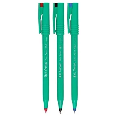 Afbeelding van Pentel Balpen, verschillende kleuren, R50, rollerbalpen, punt 0,8 mm en fijne 0,4 mm, lijnbreedte: 77% gerecycled (1 van elke kleur zwart blauw rood 3 pennen)