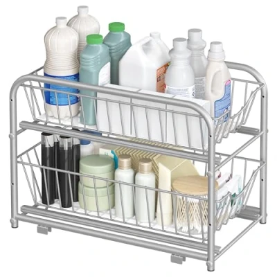 Afbeelding van Organizer voor keuken, 2 uittrekbare laden kasten, stapelbare lade organizer, badkamer, zilver