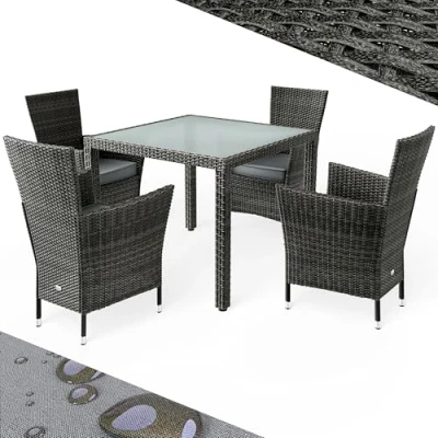 Afbeelding van CASARIA Polyrattan Tuinset Tafel Glas 90x90cm 4 Stoelen Grijs