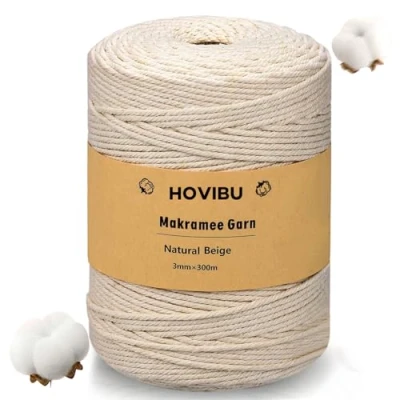 Afbeelding van HOVIBU macramégaren, 3 mm x 300 m, premium katoen, beige, macramégaren voor handwerk, hangplanten, boho decoraties, wandtapijten, plantenhangers