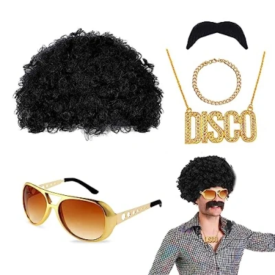 Afbeelding van VIKSAUN 5 stuks hippie pruiken voor mannen, afro pruik, pruik snor, jaren 60, 70, 80, disco themafeest, cosplay, Halloween (5 stuks)