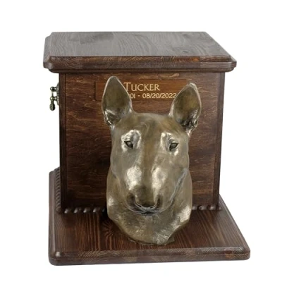 Afbeelding van Houten urn hond voor Bull Terrier as, met hondenkop en stijlvolle afwerking