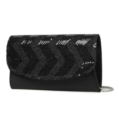 Afbeelding van Miss Lulu Mini schoudertas voor dames, handtas met ketting, avond, glinsterende pailletten, X zwart