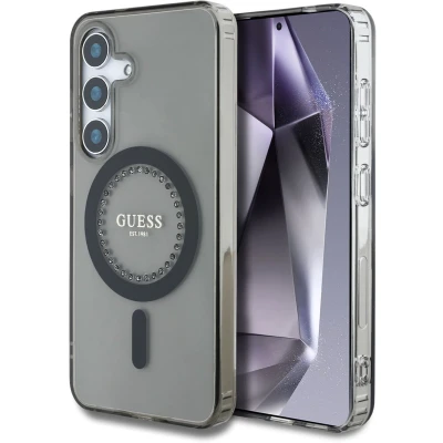 Afbeelding van Guess Galaxy S25 Backcover hoesje Rhinestones Printed Classic Logo MagSafe Zwart