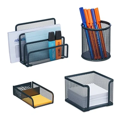 Afbeelding van Relaxdays bureau organizer set 4 delig accessoires mesh metaal antraciet