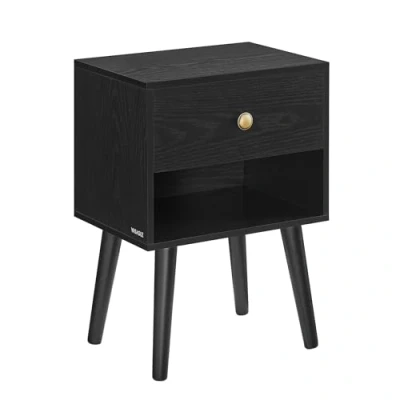 Afbeelding van VASAGLE Nachtkastje, salontafel met lade en open vak, houten poten, tafel voor woonkamer, slaapkamer, bank, zwart hout LET655B56