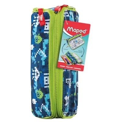 Afbeelding van Maped etui met dubbele opening XXL Omkeerbaar personaliseerbaar etui, 1 kant om in te kleuren Grote praktische openingen Driehoekig 24,5 x 8 cm Blauw/Groen Pixel