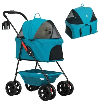 Afbeelding van PawHut Poussette 3 en 1 pliable pour chien et chat, pliable, sac de transport avec porte gobelet, roues à 360 , mini chiens moins 4 kg, turquoise