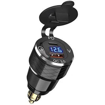 Afbeelding van Aluminium Din stekker motorfiets snellader, Qidoe QC3.0 18W en PD20W adapter Hella naar USB met spanningsweergave voor Ducati Triumph BWM 12 V 24 andere motorfietsen in europstijl