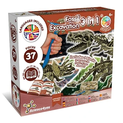 Afbeelding van Science4you Dinosaurusset, fossielen, 3 in 1, dinosaurusspel voor kinderen 5, 6, 7, 8, 9, 10 jaar, opgraven en monteren, dinosaurussen, 37 delig, T Rex, triceratops, stegosaurus, speelgoed