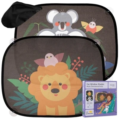 Afbeelding van zonwering voor de auto kinderen met UV bescherming: 2 stuks autozonneschermen kinderen, schattige dieren en zuignappen, 49 x 36 cm, auto, baby&#039;s