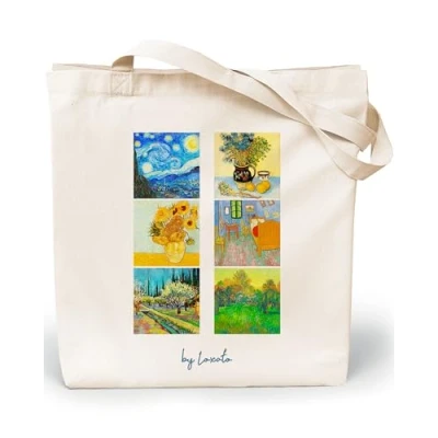 Afbeelding van Loxato tote bag Stoffen tas draagtas voor dames canvas Van 100% katoen jute extra groot 8 cm katoenen grote 35 x 42 cm, Gogh Collectie 01