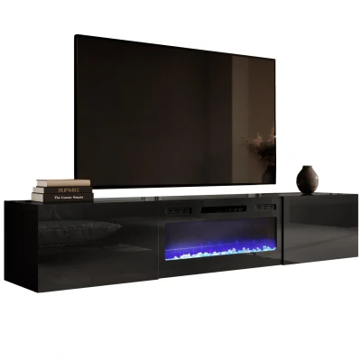 Afbeelding van Zwevend Tv meubel Slide 200 cm breed hoogglans zwart met sfeerhaard