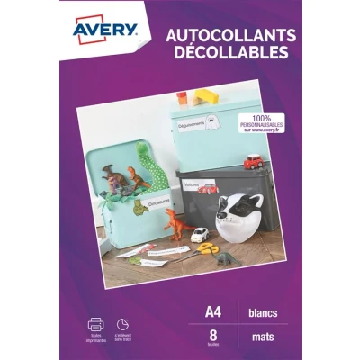 Image de Pack de 8 feuilles autocollantes mates A4 Avery Dennison Blanc pour imprimantes jet d&#039;encre