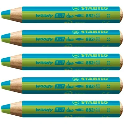 Afbeelding van STABILO woody Duo kleurpotloden, aquarel en waskrijt, 3 in 1, duo, tweekleurige vulling, turquoise/lichtgroen, 5 stuks