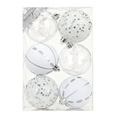 Afbeelding van 8 cm kerstballen zilver/wit motief onbreekbare kunststof 80 mm
