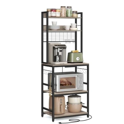 Afbeelding van VASAGLE KKS037B02EU Keukenrek met stopcontacten, magnetronrek roosterplaat, 14 haken, 40 x 60 170 cm, grijs/zwart