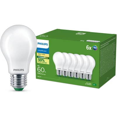 Afbeelding van Superefficiënte Philips LED lamp, energie efficiëntieklasse A, met E27 fitting, 60 W, mat, warm wit 2700 K, 6 verpakkingen