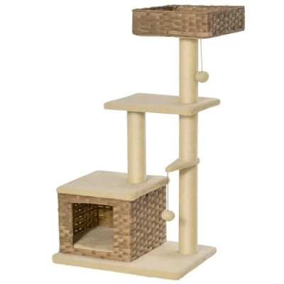 Afbeelding van PawHut Kattenboom multifunctionele krabpaal kattengrot speelbal bruin + beige D30 376