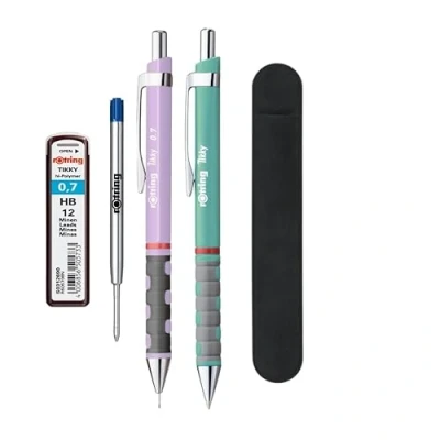 Afbeelding van rOtring Tikky Balpen en pastelvulpotlood blauwe inkt (M) HB 0,7 mm Orchidee zeeblauw Fluwelen etui + penvulling &amp; vullingen