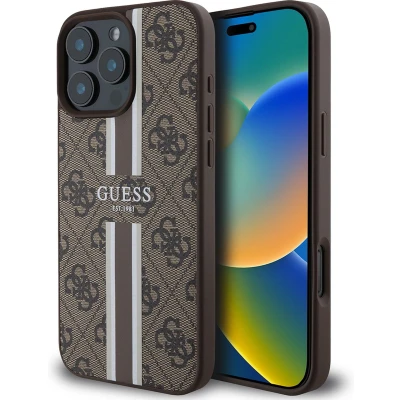 Afbeelding van Guess 4G Printed Stripes Hard Case Back Cover hoesje met MagSafe voor Apple iPhone 16 Pro Max Bruin