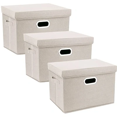 Afbeelding van TYEERS Grote opbergdoos met deksel, opbergdoos, stof, opvouwbaar, wasbaar, 44 x 30 29 cm, 3 stuks, beige