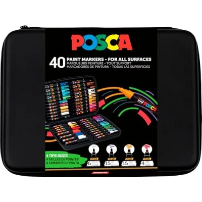 Afbeelding van POSCA Uni Mitsubishi Pencil Mallette 40 Marqueurs Pointes Extra Fines PC1MC / PC3M Moyennes PC5M Biseautées PC8K Peinture à Base d&#039;Eau Tout Support