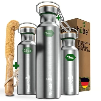 Afbeelding van Blockhütte Thermosfles van roestvrij staal, 500 ml, met borstel natuurlijke haren, lekvrije thermosfles, vaatwasmachinebestendige waterfles voor sport en vrije tijd