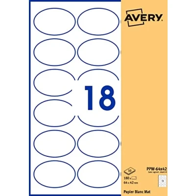 Afbeelding van Avery Verpakking met 180 zelfklevende etiketten, ovaal, wit papier, formaat 64 x 42 mm, personaliseerbaar en bedrukbaar voor laser, inkjet kopieerapparaat (PPW 42.Fr)
