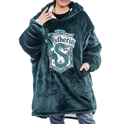 Afbeelding van Harry Potter Zwadderich oversized deken met capuchon, behaaglijk, zacht, warm, pluche voor dames en heren, sherpa fleece voering zakken, groen, één maat, Groen