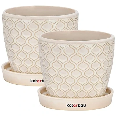 Afbeelding van KOTARBAU® Set van 2 keramische plantenbakken, Ø 12 cm, crème, vintage, met lekbak, visschubben