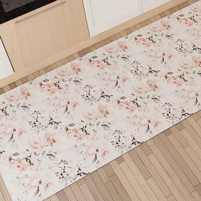Afbeelding van PETTI Artigiani Italiani Keukentapijt, loper, keukenloper, antislip, wasbaar, 52 x 380 cm, bloemenpatroon, 17 wit, 100% Made in Italy