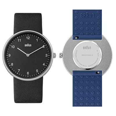 Afbeelding van Braun Analoog kwartshorloge met 2 wijzers en extra siliconen rubberen band, snelspanveerpennen, 38 mm., Zwart/Blauw, Riem