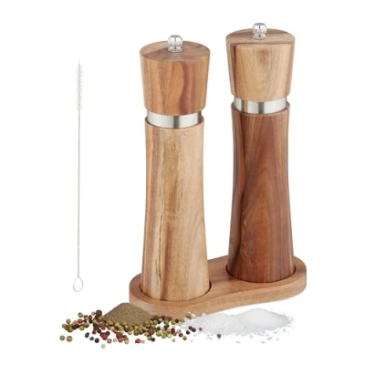 Afbeelding van Relaxdays houten peper en zoutmolen pepermolen set van 2 met onderzetter