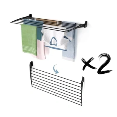 Afbeelding van foxydry Fold Droogrek voor aan de muur, uittrekbaar, verticaal, opvouwbaar, binnen en buiten, van aluminium staal (zwart sluiting naar beneden, 2 x 120)