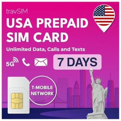 Afbeelding van travSIM USA Prepaid simkaart T Mobile netwerk Onbeperkte gegevens, oproepen en teksten in de VS werkt op iOS Android apparaten SIM kaart 7 dagen