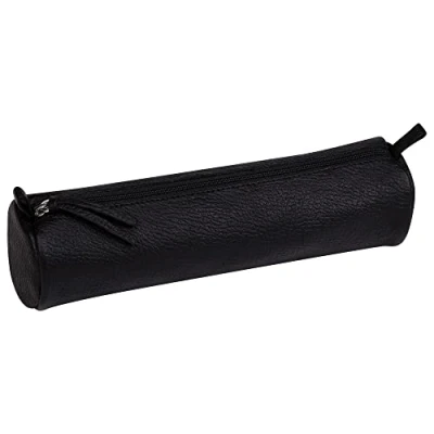 Image de Clairefontaine Trousse ronde Cuir&#039; cuir Vieilli 22x5,5 cm en d&#039;agneau véritable Fermeture éclair métal avec tirette Ref 8325C Noir