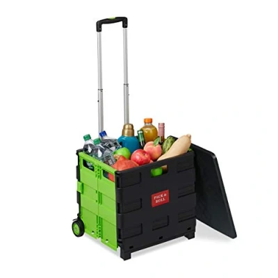 Afbeelding van Relaxdays boodschappentrolley inklapbaar vouwkrat met wielen trolley boodschappenkar groen