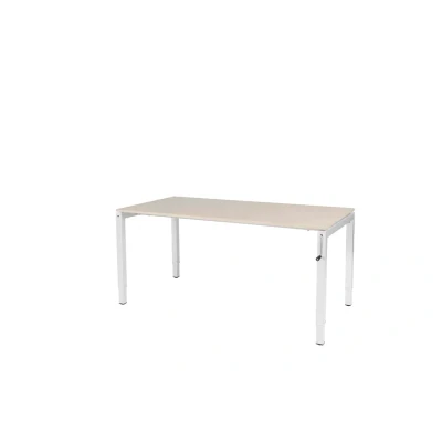 Afbeelding van Cubeo 4 poot bureau, zit/zit hoogte verstelbaar (62 85cm) dmv slinger met 160x80cm lindberg (licht) eiken 25mm blad en wit (RAL9010) frame