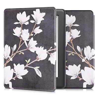 Afbeelding van kwmobile E reader hoesje geschikt voor Kobo Glo HD / Touch 2.0 hoes flip case met magnetische sluiting Ereader cover Magnolia design in taupe wit donkergrijs