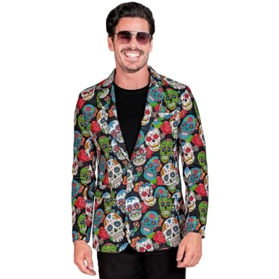 Image de W WIDMANN MILANO Party Fashion Veste Dia de los Muertos noire avec têtes mort, Day of the Dead, Mexique, Jour des morts, déguisement d&#039;Halloween
