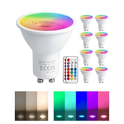 Afbeelding van REYLAX RGB GU10 led lamp, kleurverandering, 5 W, komt overeen met 50 450 lm, warmwit, led, GU10, dimbaar, lampen, afstandsbediening, infrarood, 8 stuks