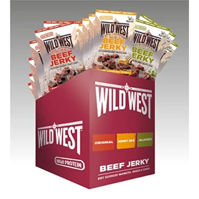 Afbeelding van Wild West Jerky High Protein Beef Mix 12 blikjes, 25 g, stuks met 4 x honinggrill, Jalapeno rundvlees gedroogd vlees