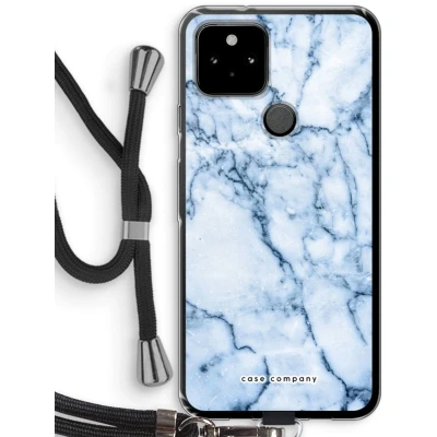 Afbeelding van Case Company® hoesje met Koord geschikt voor Google Pixel 5 Blauw marmer Telefoonhoesje Zwart Bescherming aan alle Kanten en Over de Schermrand