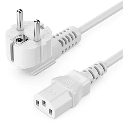 Afbeelding van deleyCON Voedingskabel, 5 m, veiligheidscontact, stekker type F (CEE 7/4), 90 graden gebogen, naar de voedingsconnector C13, vrouwelijke connector, pc, computermonitor, printer beamer wit