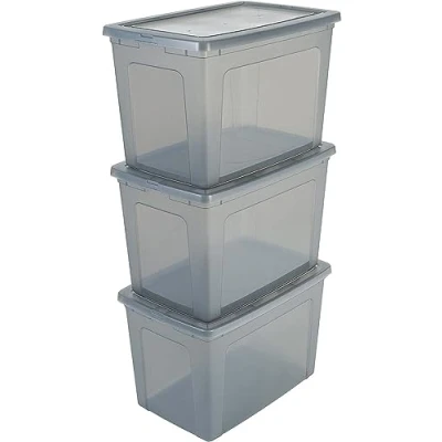 Afbeelding van Iris Ohyama, set van 3 opbergdozen, 70 liter, transparant, stapelbaar, voor in de woonkamer, slaapkamer Modular Clear Box MCB Grijs