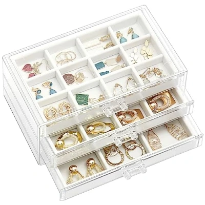 Afbeelding van ProCase Opbergdoos van acryl voor oorbellen met 3 laden, stapelbaar, transparant, verstelbare dienbladen dames op commode, warm wit, lagen