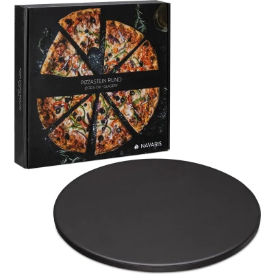 Afbeelding van Navaris pizzasteen XL voor oven en barbecue Ronde pizzaplaat Ø 30,5 cm Inclusief receptenboek Keramisch geglazuurd Zwart